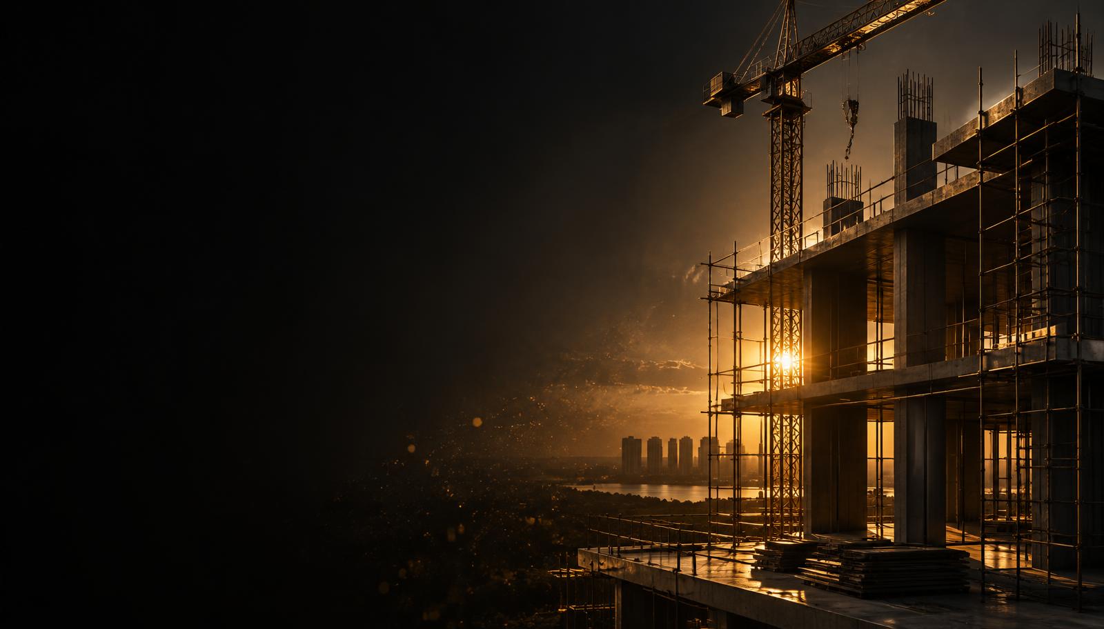 Edifício em construção ao entardecer, com andaimes iluminados